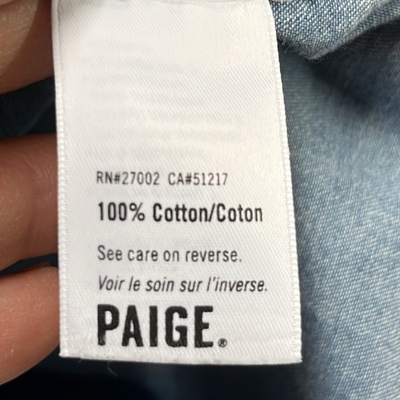 PAIGE Mila Cap SLV Drawstring Waist Cotton Denim Chambray Mini Shirtdress SZ M - Picture 13 of 16